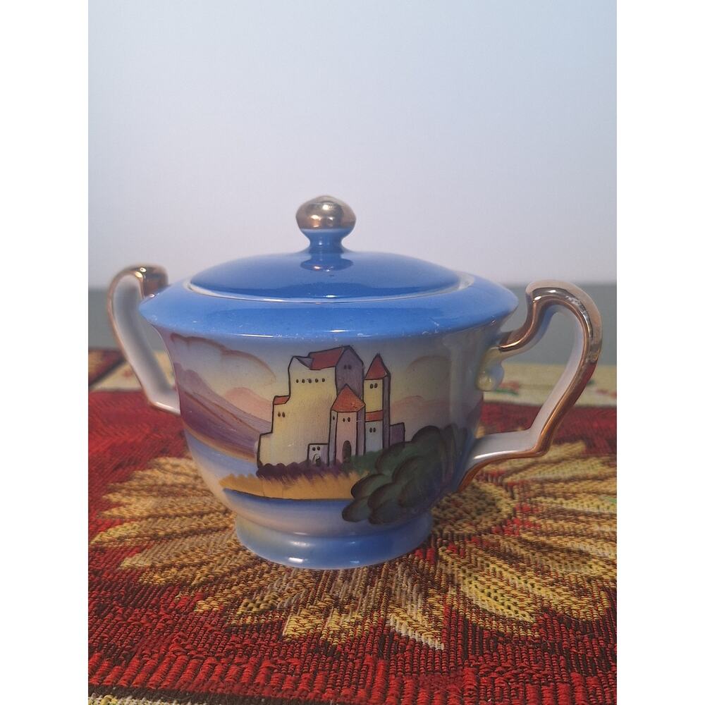 Vintage Meito Japan Castle Scenic Covered Sugar Bowl Blue Gold - Unusual Style!